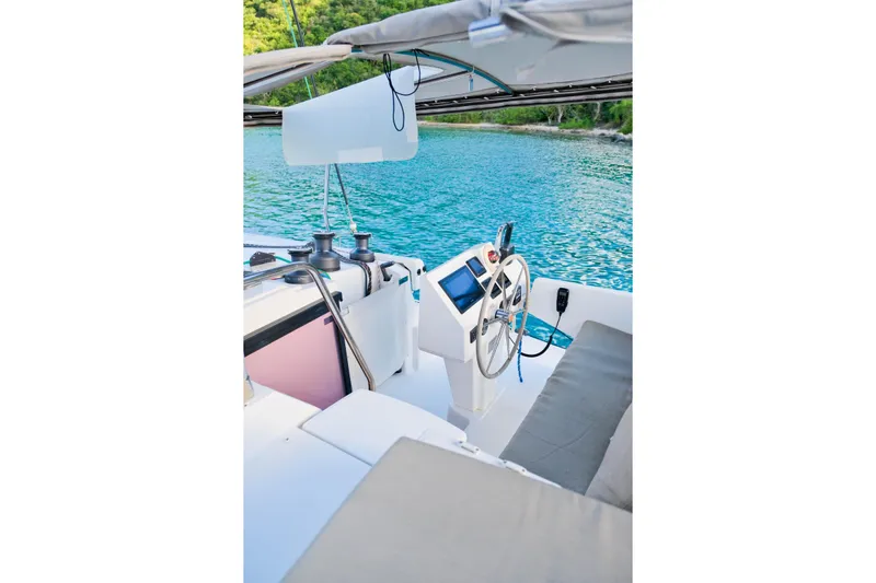 Long Story Yacht Photos Pics 2019 Fountaine Pajot Saona 47 yacht helm with scenic ocean view.