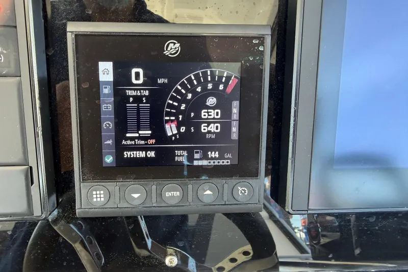Chasin' Hyde Yacht Photos Pics Digital dashboard of 2023 Aquila 36 Sport showing speed, RPM, and fuel levels.