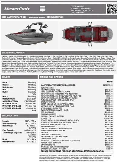  Yacht Photos Pics 2025 MasterCraft X24 boat specifications and pricing details sheet.