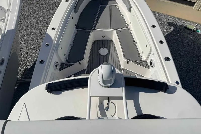 Outta Line Yacht Photos Pics 2013 Everglades 355 Center Console boat, top view of deck and seating area.