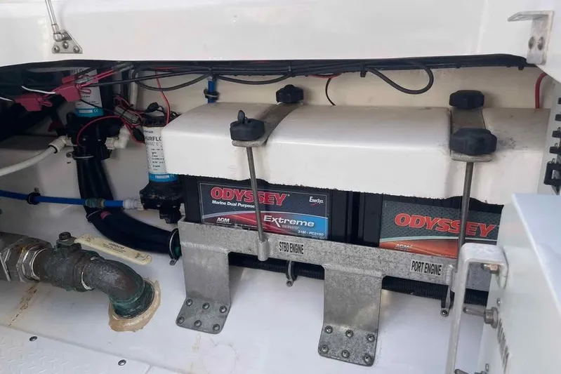 Outta Line Yacht Photos Pics 2013 Everglades 355 Center Console boat battery compartment with Odyssey marine batteries.