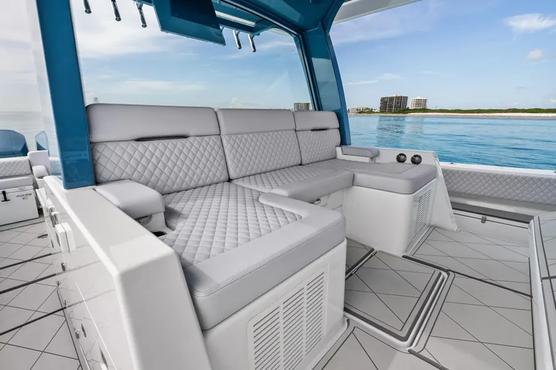  Yacht Photos Pics Luxurious seating on the 2025 HCB 56 Suenos GIX yacht, with ocean view.
