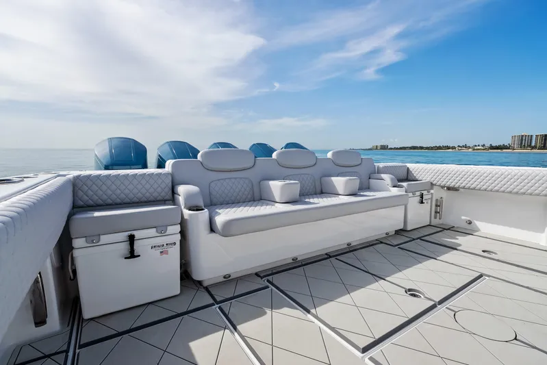  Yacht Photos Pics Luxurious seating on the 2025 HCB 56 Suenos GIX yacht, with ocean view.
