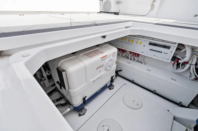  Yacht Photos Pics Engine compartment of 2025 HCB 56 Suenos GIX, featuring battery distribution and wiring.