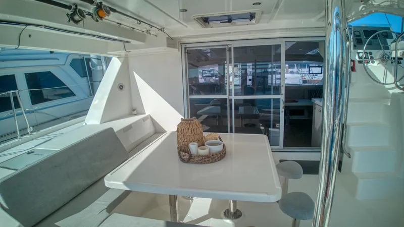 Jubilee Yacht Photos Pics Luxurious 2015 Leopard 48 yacht interior with dining area and modern design.