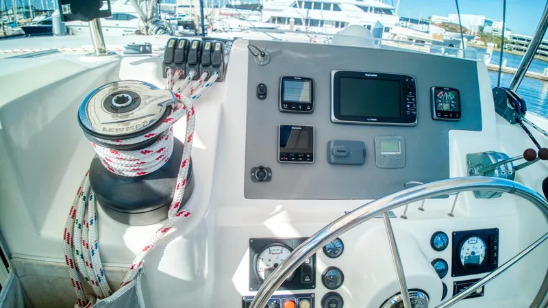 Jubilee Yacht Photos Pics Helm of 2015 Leopard 48 yacht with navigation instruments and winch.
