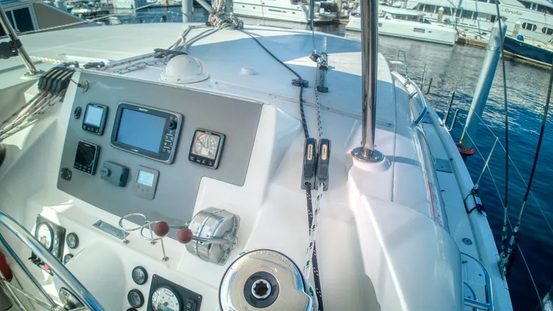 Jubilee Yacht Photos Pics Control panel of a 2015 Leopard 48 yacht docked at a marina.