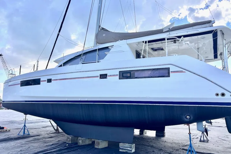 Jubilee Yacht Photos Pics 2015 Leopard 48 catamaran on dry dock, showcasing sleek design and modern features.