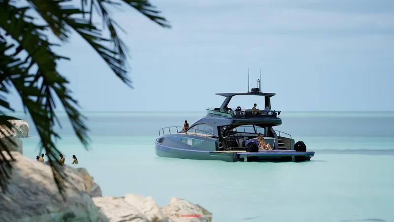  Yacht Photos Pics 2024 Infiniti 60 Powercat GT luxury yacht anchored in turquoise waters.