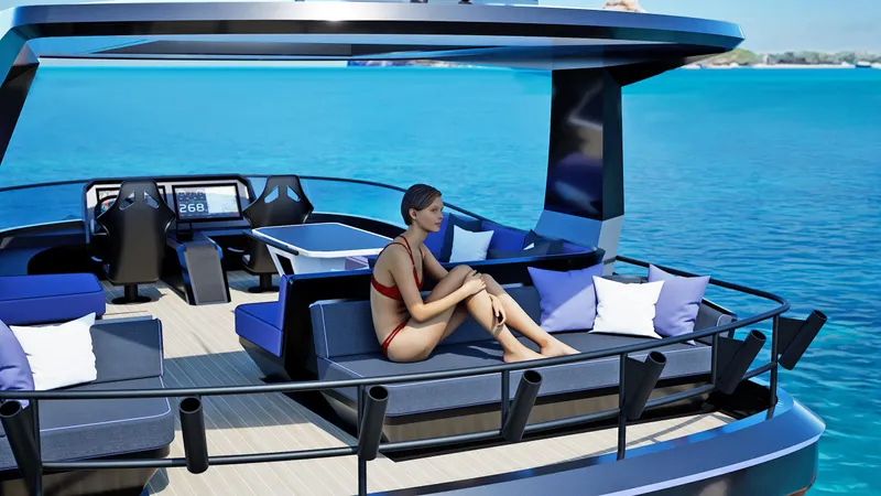  Yacht Photos Pics 2024 Infiniti 60 Powercat GT luxury yacht with woman relaxing on deck.