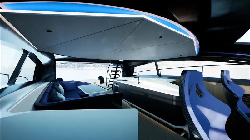  Yacht Photos Pics Interior of 2024 Infiniti 60 Powercat GT luxury yacht with modern seating and sleek design.