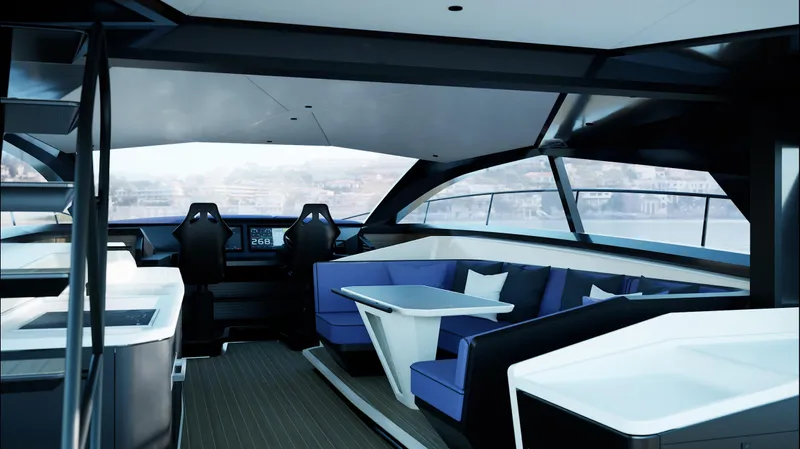  Yacht Photos Pics Luxurious interior of the 2024 Infiniti 60 Powercat GT yacht with modern seating and panoramic windows.