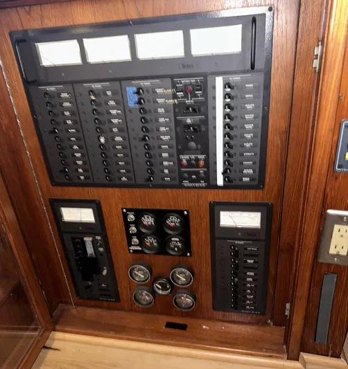 Luv'n Life Yacht Photos Pics Control panel of a 1989 Atlantic 47 Motor Yacht with gauges and switches.