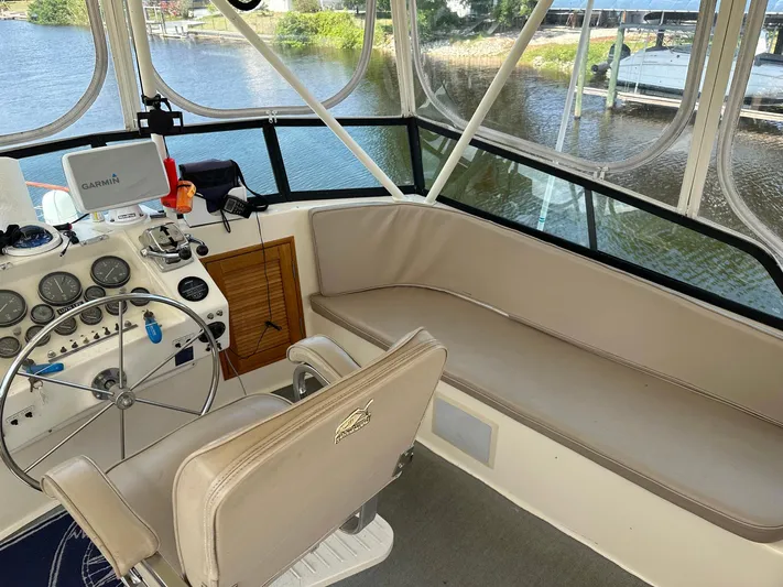 Luv'n Life Yacht Photos Pics 1989 Atlantic 47 Motor Yacht helm with Garmin navigation, overlooking serene waters.