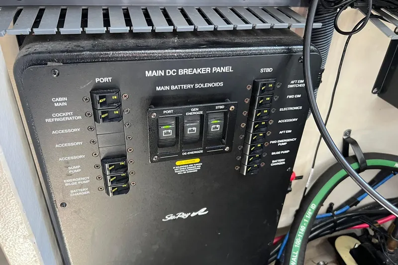  Yacht Photos Pics Main DC breaker panel on 2005 Sea Ray 340 Sundancer boat, showing switches and solenoids.