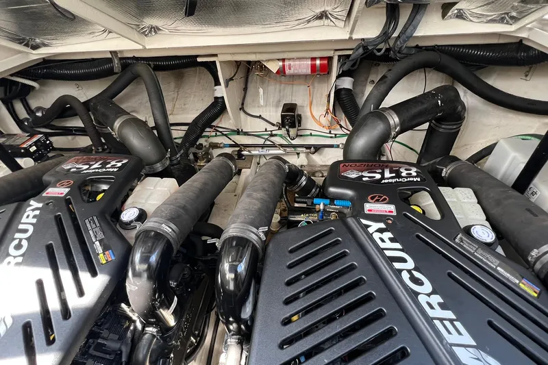  Yacht Photos Pics Engine compartment of a 2005 Sea Ray 340 Sundancer with Mercury 8.1S engines.