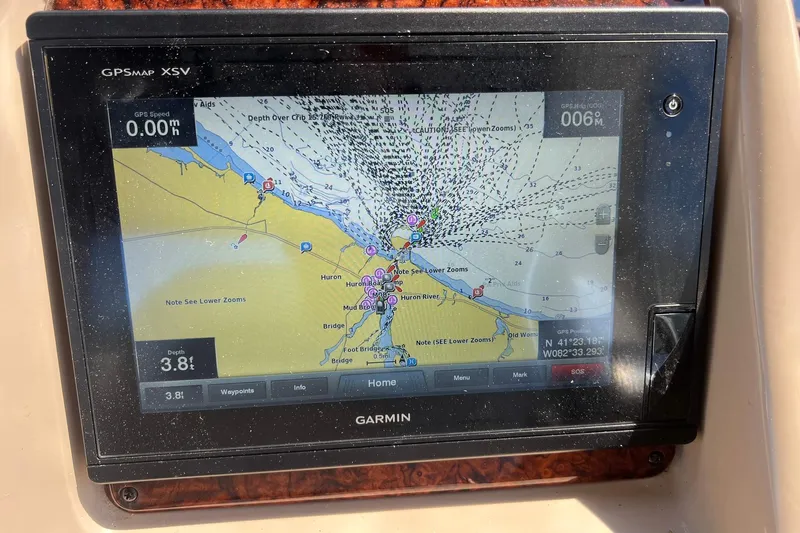  Yacht Photos Pics Garmin GPS display on 2005 Sea Ray 340 Sundancer showing nautical map and coordinates.