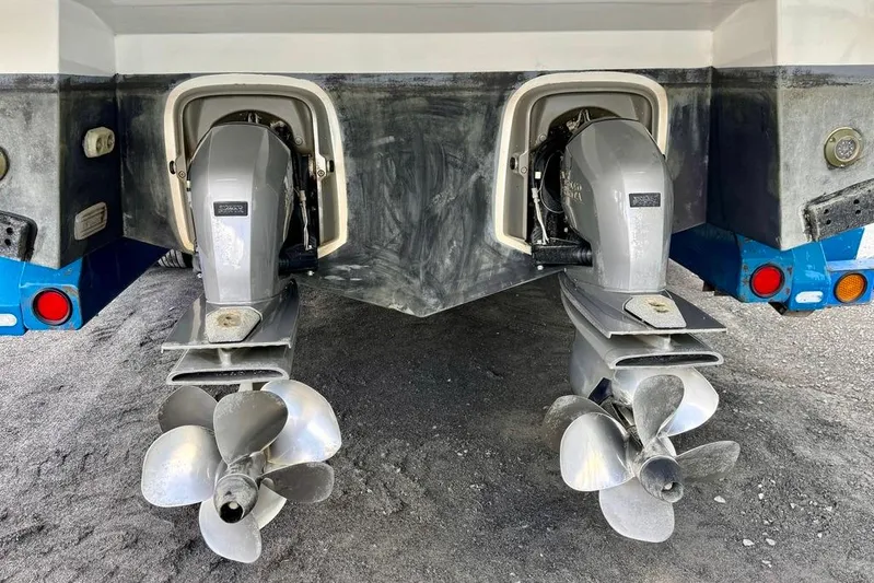  Yacht Photos Pics Twin propellers of a 2021 Beneteau Gran Turismo 40 boat on display.