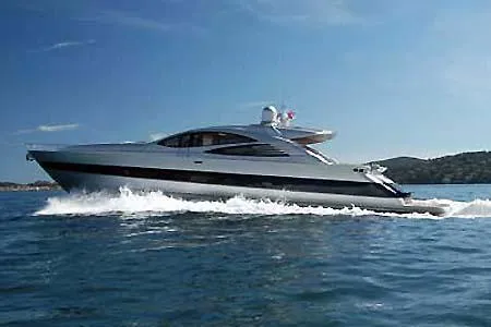 Luxury 2004 Pershing 76 yacht cruising on open water.