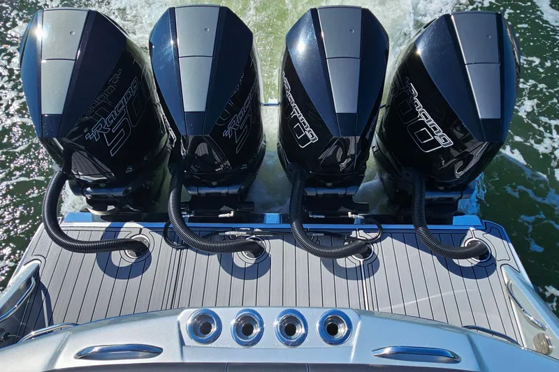  Yacht Photos Pics Four powerful outboard engines on a 2025 Nor-Tech 390 Sport Center Console boat.