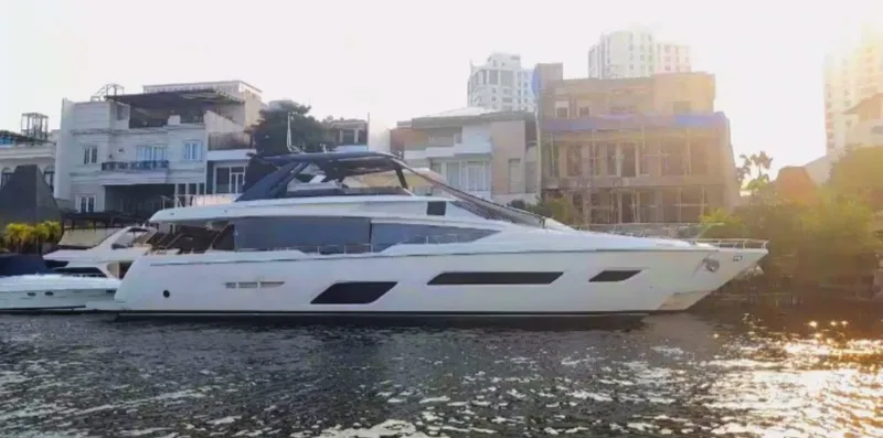  Yacht Photos Pics Luxury 2018 Ferretti Yachts 780 docked by waterfront buildings.