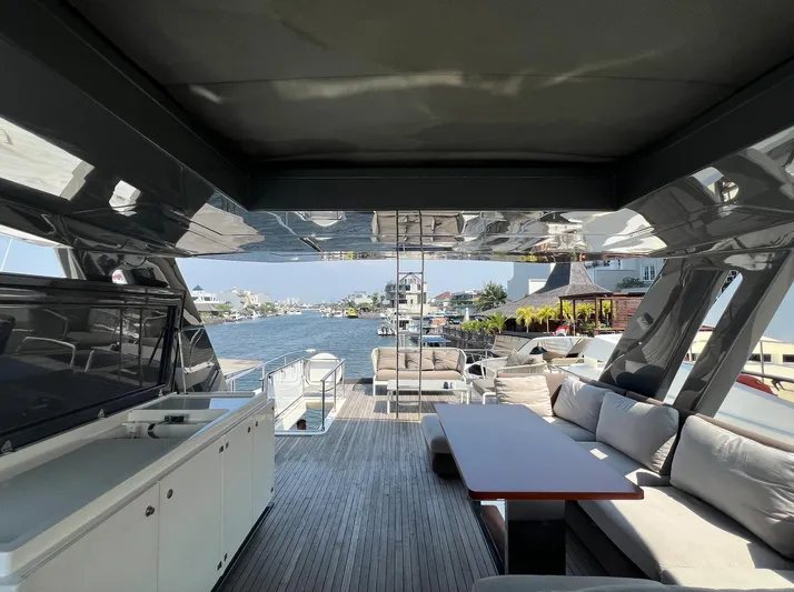  Yacht Photos Pics Luxurious 2018 Ferretti Yachts 780 interior with elegant seating and scenic waterfront view.
