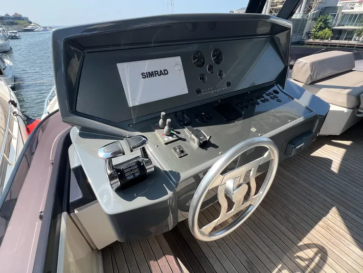  Yacht Photos Pics Helm of 2018 Ferretti Yachts 780 with Simrad navigation system, docked by the water.