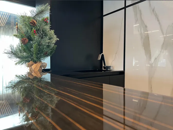  Yacht Photos Pics Luxurious Ferretti Yachts 780 interior with elegant decor and modern kitchen design, 2018 model.