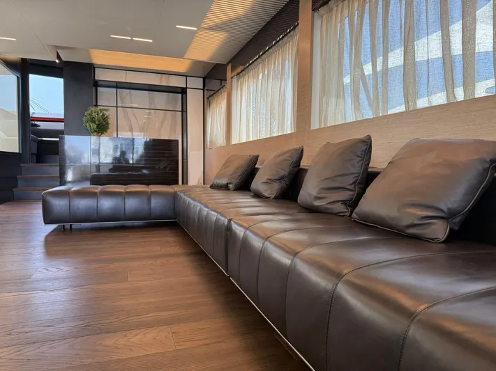  Yacht Photos Pics Luxurious interior of 2018 Ferretti Yachts 780 with leather seating and elegant design.