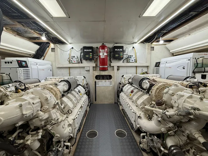  Yacht Photos Pics Engine room of 2018 Ferretti Yachts 780 with dual MAN engines and Cummins generators.