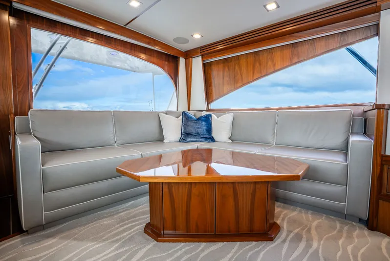 Unbridled Yacht Photos Pics Luxurious interior of Viking 68 Enclosed Bridge yacht, 2019 model.