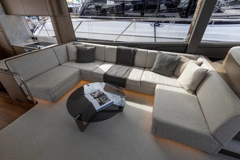  Yacht Photos Pics Luxurious interior of 2024 Princess F65 yacht with elegant seating and modern decor.
