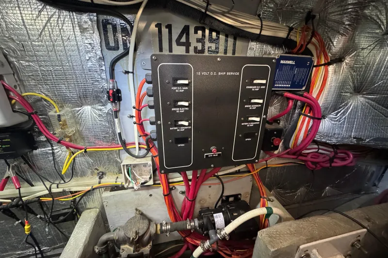  Yacht Photos Pics Electrical panel in a 2003 Silverton 410 Sport Bridge boat engine room.