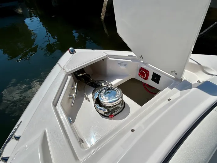 All Gas No Brakes Yacht Photos Pics 2020 Regal 33 SAV boat anchor compartment with open hatch.