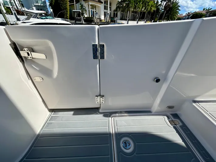 All Gas No Brakes Yacht Photos Pics 2020 Regal 33 SAV boat interior, featuring a sleek white door and gray flooring.