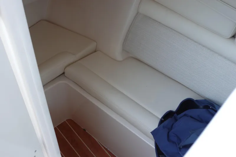  Yacht Photos Pics 2021 Grady-White Freedom 325 interior cabin with cushioned seating and wooden flooring.