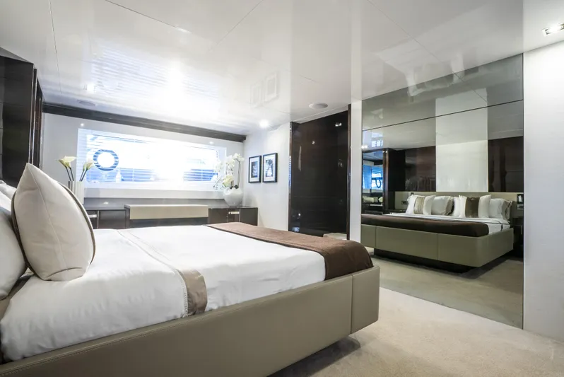 Omnia Yacht Photos Pics Luxurious bedroom interior on a 2018 Pearl 80 yacht, featuring modern design and elegant decor.