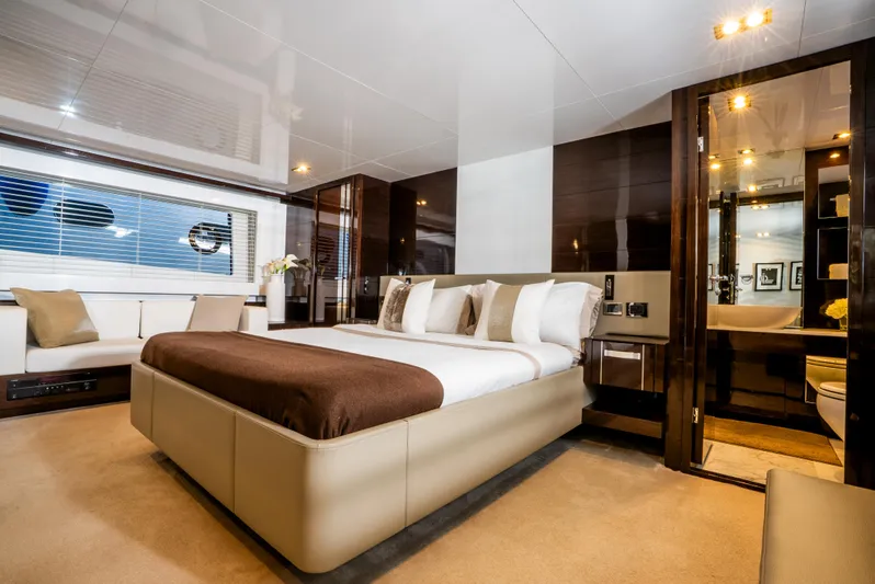 Omnia Yacht Photos Pics Luxurious bedroom interior on 2018 Pearl 80 yacht, featuring elegant design and modern amenities.