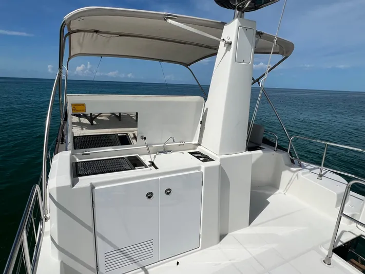 Sarandipity Yacht Photos Pics 2024 Beneteau Swift Trawler 41 Fly deck with ocean view and canopy.