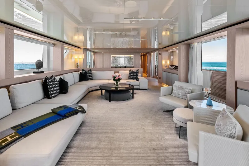 Glory Yacht Photos Pics Luxurious interior of 2023 Sanlorenzo SD126 yacht with elegant seating and ocean view.