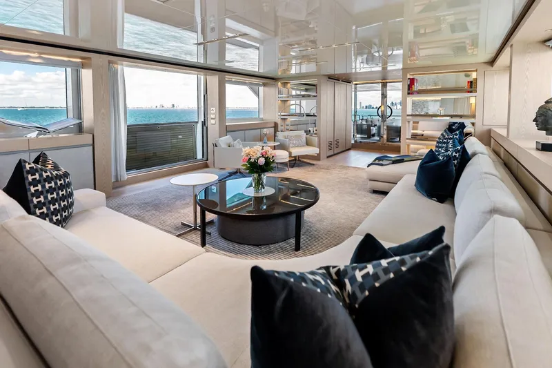 Glory Yacht Photos Pics Luxurious interior of 2023 Sanlorenzo SD126 yacht with elegant seating and ocean view.