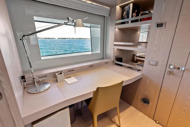 Glory Yacht Photos Pics Modern study area on 2023 Sanlorenzo SD126 yacht with ocean view.