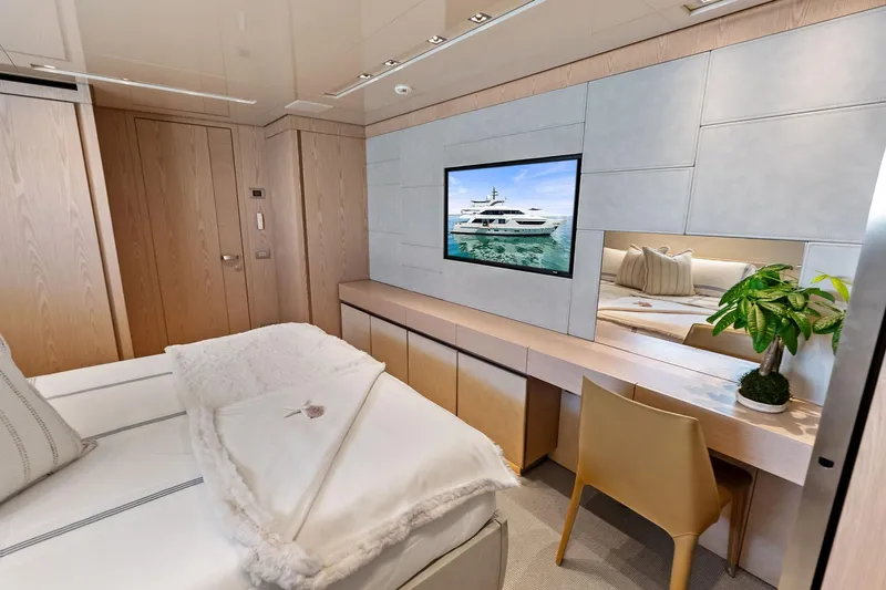 Glory Yacht Photos Pics Luxurious 2023 Sanlorenzo SD126 yacht bedroom with modern decor and elegant furnishings.