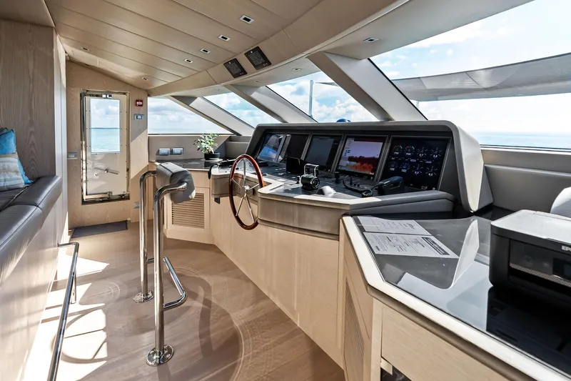 Glory Yacht Photos Pics Pilothouse of 2023 Sanlorenzo SD126 yacht with modern navigation equipment and panoramic windows.