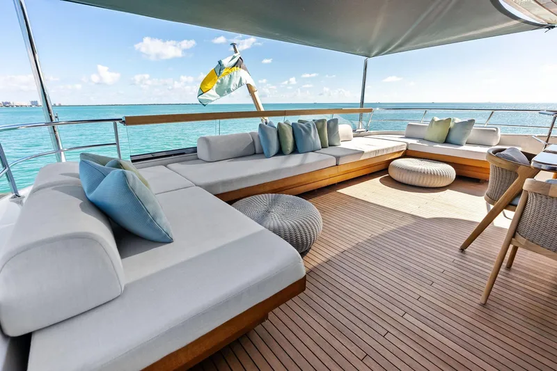 Glory Yacht Photos Pics Luxurious 2023 Sanlorenzo SD126 yacht deck with elegant seating and ocean view.