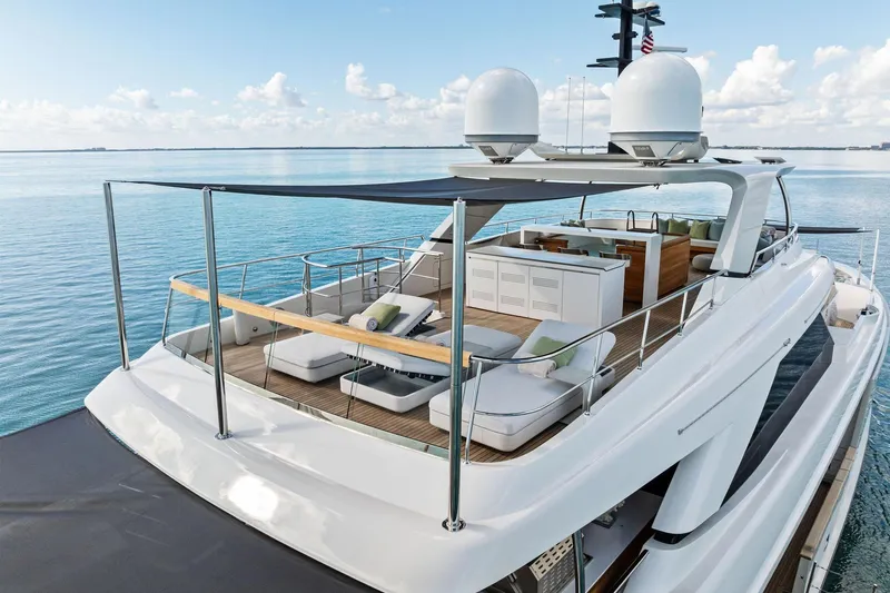 Glory Yacht Photos Pics Luxurious 2023 Sanlorenzo SD126 yacht with spacious deck and modern amenities on serene waters.