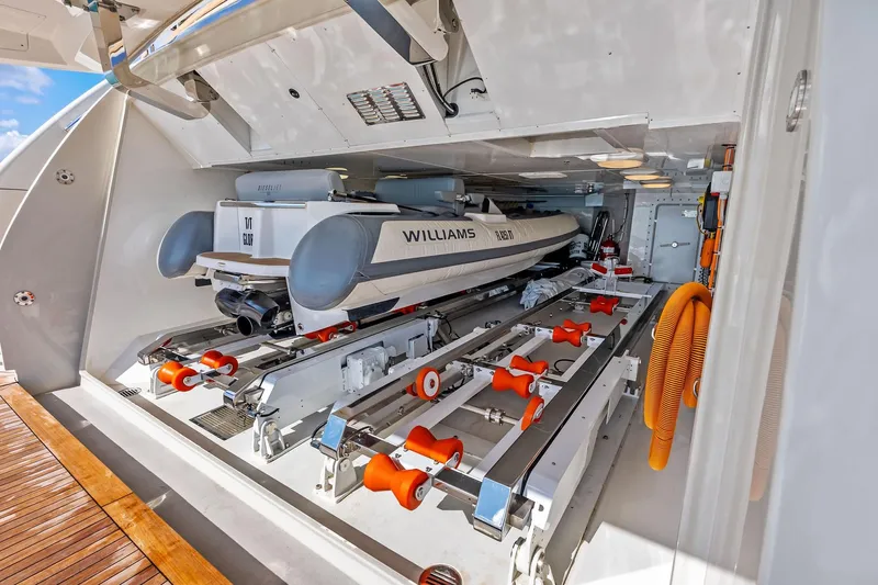 Glory Yacht Photos Pics 2023 Sanlorenzo SD126 yacht garage with Williams tender and storage equipment.