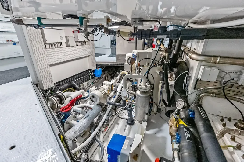 Glory Yacht Photos Pics Engine room of 2023 Sanlorenzo SD126 yacht, showcasing complex machinery and piping systems.