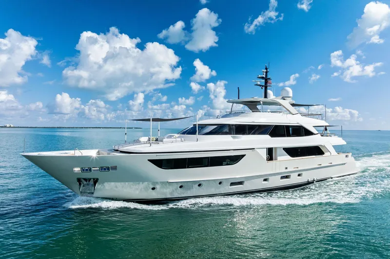 Glory Yacht Photos Pics Luxury 2023 Sanlorenzo SD126 yacht cruising on a sunny day with blue skies.