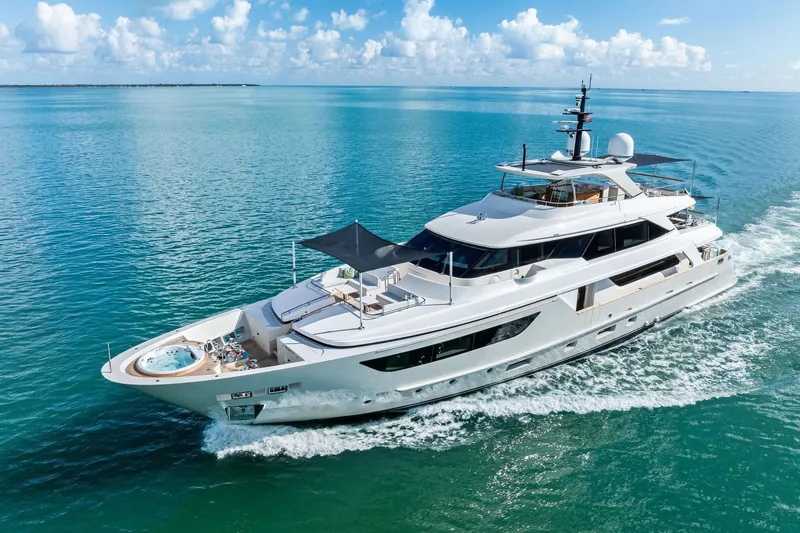 Glory Yacht Photos Pics Luxurious 2023 Sanlorenzo SD126 yacht cruising on clear blue waters.